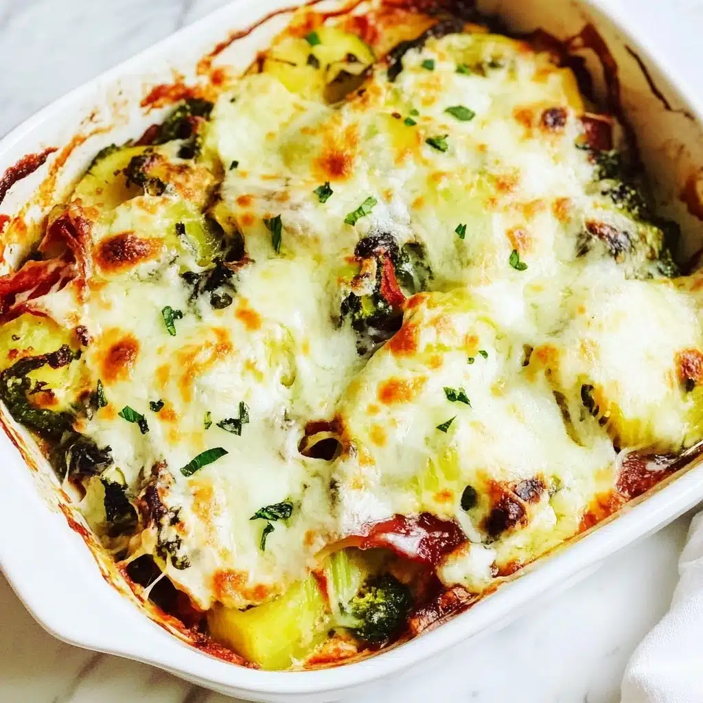 Baked Greek Chicken with Artichokes, Red Peppers, and Kalamata Olives,Greek Chicken with Mediterranean Vegetables,Easy Greek Chicken Dinner,Healthy Baked Chicken Recipe,Flavorful Mediterranean Chicken Dish A white rectangular baking dish filled with a layered vegetable casserole topped with melted cheese that is slightly golden in spots. The top layer shows slices of zucchini and red bell peppers under a smooth, creamy cheese surface with bubbling edges. The dish rests on a striped cloth in soft pastel colors, and a large wooden spoon lies above it on a white marbled surface. The casserole looks hot and freshly baked with visible cooked vegetables peeking through the cheese.