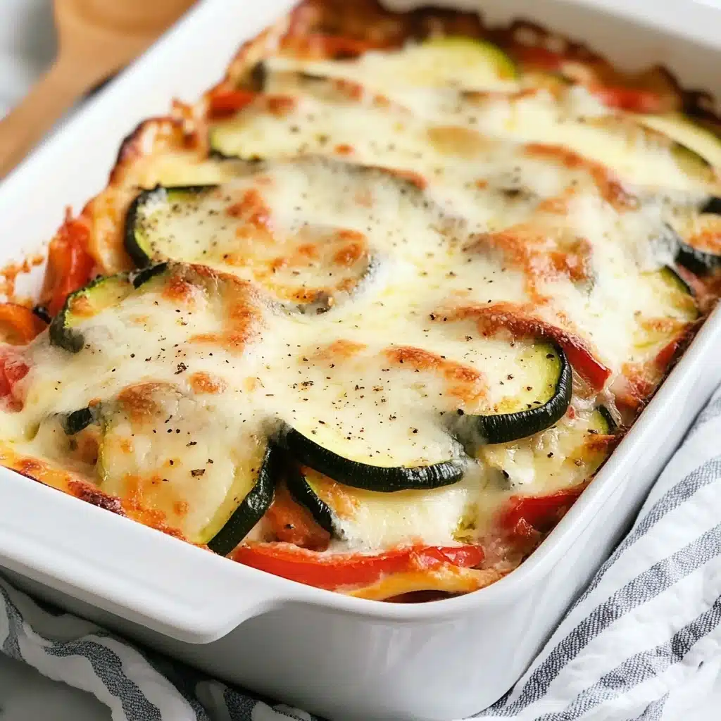 Baked Greek Chicken with Artichokes, Red Peppers, and Kalamata Olives,Greek Chicken with Mediterranean Vegetables,Easy Greek Chicken Dinner,Healthy Baked Chicken Recipe,Flavorful Mediterranean Chicken Dish A white baking dish filled with a baked casserole that has at least two visible layers: the bottom layer is made of mixed green and yellow vegetables with a soft texture, and the top layer is covered with melted white cheese that has browned spots, showing some bubbling and a slightly stretchy texture. The dish is placed on a white marbled surface.