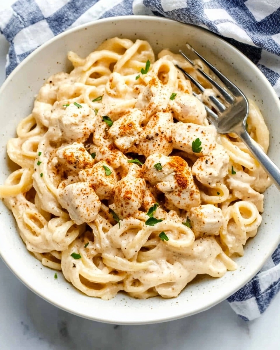 One Pot Cajun Chicken Alfredo Pasta, Cajun chicken pasta, creamy Cajun pasta, easy one pot pasta, quick weeknight dinner A white bowl sits on a white marbled surface, filled with spiral pasta that looks thick and creamy. On top of the pasta, there are chunks of light brown cooked chicken, sprinkled with small green herbs and a little bit of red spice for color. The pasta has a smooth, pale creamy sauce covering most of it, with some pieces of chicken mixed in evenly. A silver fork rests inside the bowl, catching some of the pasta. Next to the bowl, a white and blue checkered cloth is partially visible.