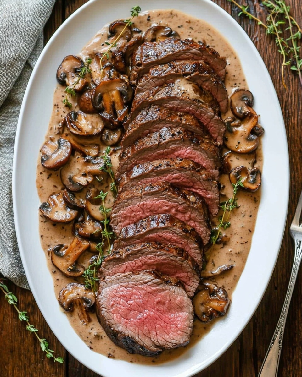 Beef Tenderloin with Mushroom Sauce, beef tenderloin recipe, mushroom sauce recipe, gourmet beef dinner, easy beef tenderloin The image shows a sliced steak arranged horizontally on a wooden board, cooked with a dark brown, peppery crust on the outside and a pink, tender inside visible in each cut slice. There are small green sprigs of thyme scattered on top of the steak for garnish. Below the steak, there is a white bowl filled with creamy mushroom sauce that has slices of mushrooms in it and a silver spoon resting inside. The board is on a white marbled surface.