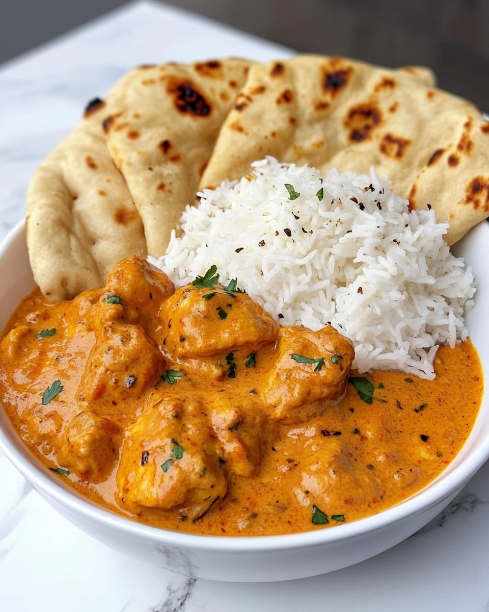 Butter Chicken, Quick & Easy Butter Chicken, Homemade Butter Chicken, Simple Butter Chicken recipe, Busy weeknight dinner The dish shows three main parts arranged in a white bowl on a white marbled surface. At the back, folded pieces of light brown naan bread with slight dark spots lean against the bowl's edge. Next to the naan, a fluffy layer of white rice with small sprinkles of green herbs sits in the middle. In front, there is a thick layer of orange curry sauce with visible chunks of chicken, black pepper bits, and green herbs, covering the surface. The textures range from soft naan, grainy rice, to creamy curry.