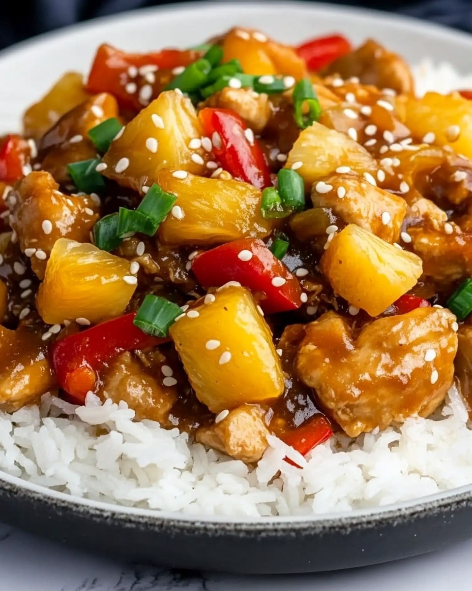 Pineapple Chicken Stir-Fry, easy stir-fry recipes, healthy chicken stir-fry, quick dinner ideas, pineapple chicken recipe The dish is served on a white plate placed on a white marbled surface, featuring a base layer of fluffy white rice with long grains. On top, there is a thick layer of golden-brown sauce-covered pieces of meat and pineapple chunks scattered evenly, mixed with bright red bell pepper pieces. The dish is garnished with fresh green chopped scallions and small white sesame seeds sprinkled over the entire top layer, adding texture and color contrast.