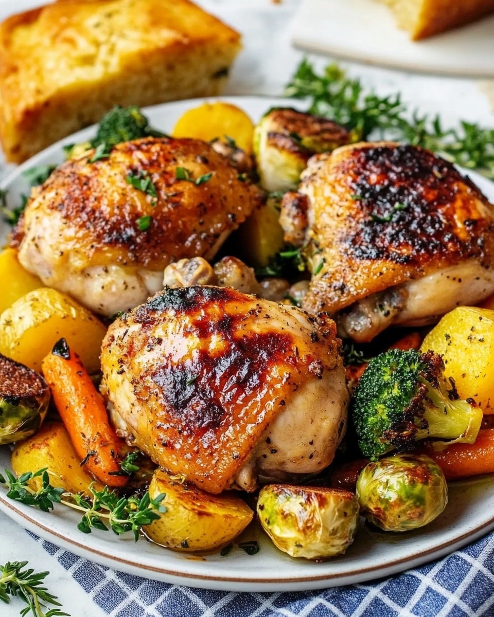 Buttermilk Marinated Roast Chicken, Roast Chicken with Fresh Herbs, Juicy Roast Chicken Recipe, Easy Roast Chicken Dinner, Herb-Marinated Chicken A large black pan holds four browned chicken thighs placed on top of roasted vegetables. The vegetables include round halved yellow potatoes, whole bright orange baby carrots, small green broccoli florets, and scattered Brussels sprouts. Fresh green herbs like rosemary and thyme are arranged between the chicken and vegetables. A woman's hand wearing a beige knitted sleeve is holding the pan on both sides. The whole scene is set on a white marbled surface with some green herbs and garlic in the background.