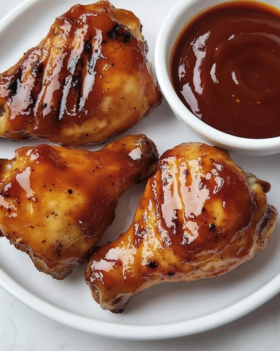 Honey BBQ Sauce, Honey BBQ Sauce Recipe, Easy BBQ Sauce, Sweet and Tangy BBQ, Homemade BBQ Sauce A white plate with a slightly raised edge holds four pieces of glazed chicken with a shiny, sticky orange-brown sauce and visible black pepper. The chicken pieces have a smooth texture with a few grill marks, creating a slight charred look. On the right side of the plate, a small white bowl filled with thick, dark red barbecue sauce sits close to the chicken. The whole scene is set on a white marbled surface showing slight reflections from the sauce.