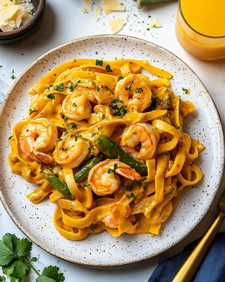 Creamy Cajun Shrimp Pasta with Pappardelle, Cajun shrimp pasta recipes, easy creamy shrimp pasta, quick seafood pasta, flavorful Cajun pasta dishes A yellow pan filled with flat, wide noodles coated in a creamy orange sauce, mixed with several cooked shrimp and slices of green bell pepper, all sprinkled with small green herb bits; a dark wooden spoon rests inside the pan, showing sauce on its surface. Around the pan are a small white bowl with green herbs, a wooden dish holding white cheese slices, and a beige and black checkered cloth on a white marbled surface.