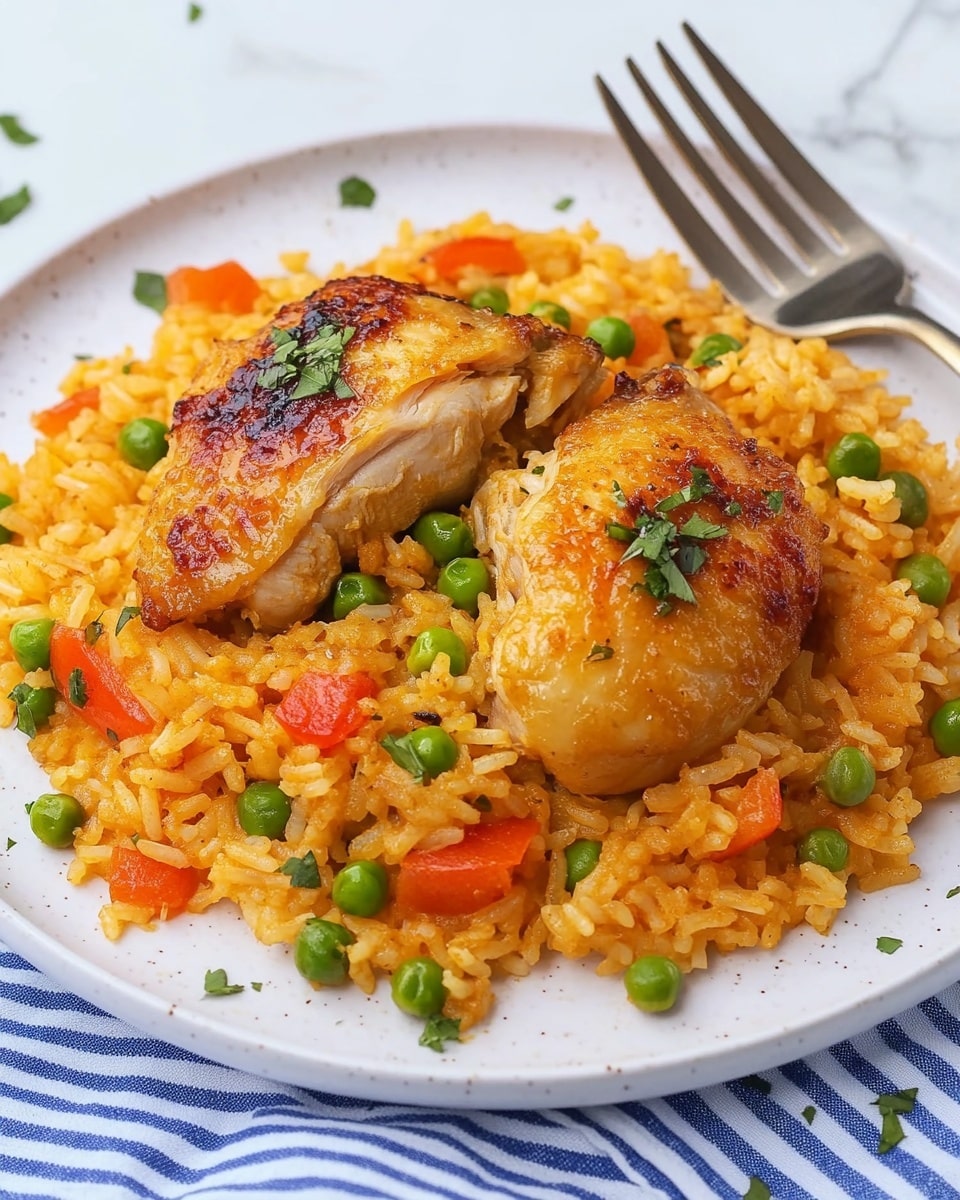 Arroz con Pollo, oven-baked Arroz con Pollo, Latin-inspired chicken and rice, easy baked chicken and rice, traditional Arroz con Pollo A white plate with a base layer of orange rice mixed with small green peas and diced red and orange bell peppers spread evenly across it. On top of the rice, there are two golden-brown cooked chicken pieces placed near the center. The dish is garnished with small pieces of chopped green herbs scattered on the chicken and rice. A fork holding a bite of the rice and vegetables is positioned above the plate from the right side. The plate is set on a blue and white striped cloth on a white marbled surface.
