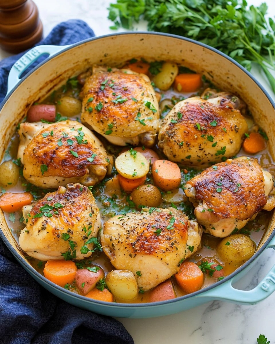 Braised Chicken Thighs with Vegetables and Herbs, chicken thigh dinner recipes, hearty braised chicken dishes, easy healthy chicken recipes, comforting chicken recipes A white scalloped dish filled with six golden-brown roasted chicken thighs evenly spread across the top layer. Surrounding the chicken pieces are chunky pieces of red-skinned potatoes, orange carrot chunks, and white potato pieces. Fresh green parsley leaves are scattered on top, adding bright color contrast. The dish has a light broth or sauce pooling at the bottom, giving a slight shine to the vegetables. The plate is set on a white marbled surface with a dark navy cloth to the left and black serving utensils on the right. Fresh parsley sprigs are visible on the marble background.