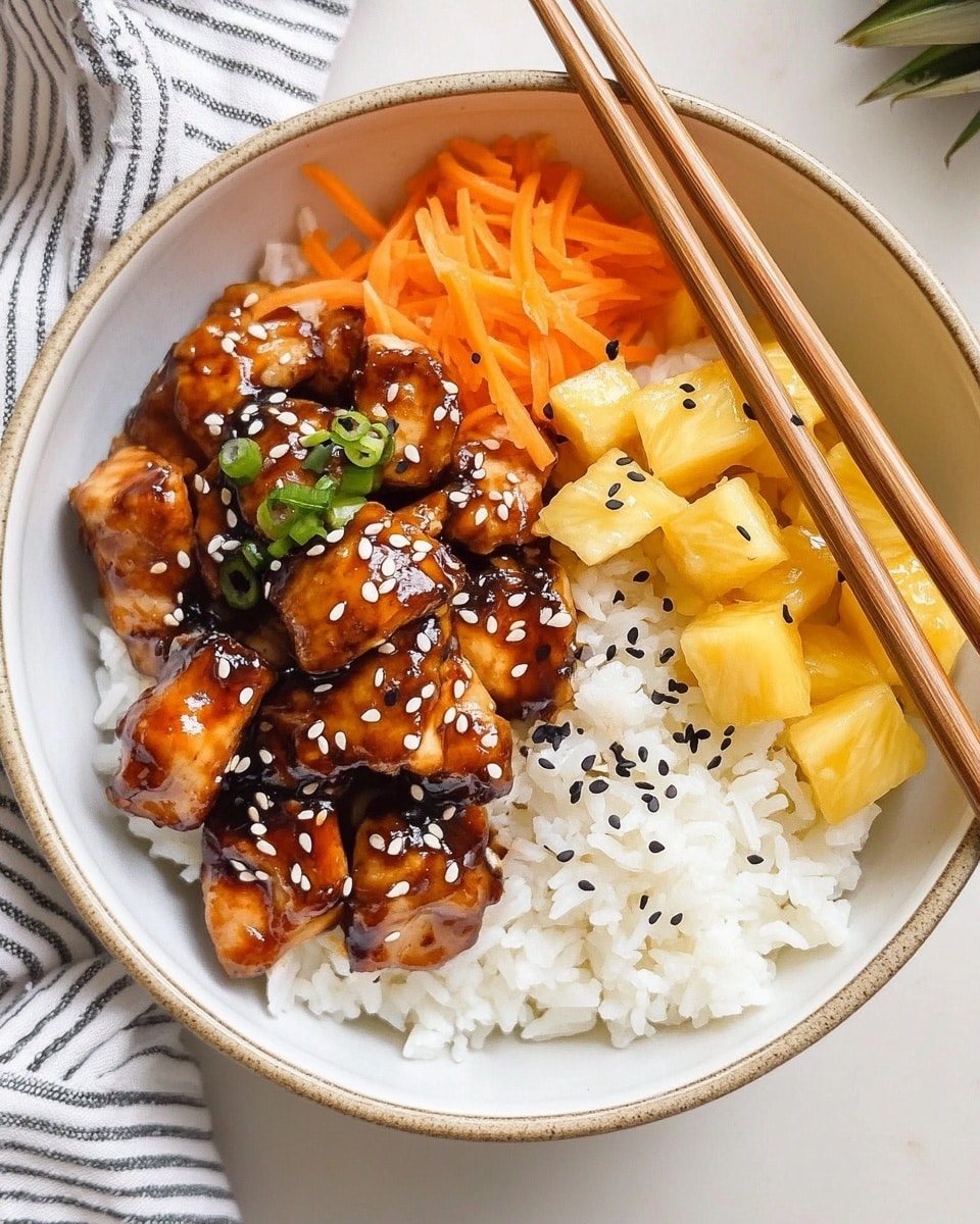 In a white bowl with vertical light brown stripes, there is a dish with three main layers: the first layer on the right side is white rice with a soft texture, the second layer in the middle is shiny, dark brown glazed chicken pieces with a smooth sauce and sprinkled white sesame seeds, and the third layer on the left side consists of small yellow pineapple chunks and freshly grated orange carrots mixed with small white pieces, all placed on a white marbled surface. photo taken with an iphone --ar 4:5 --v 6.1