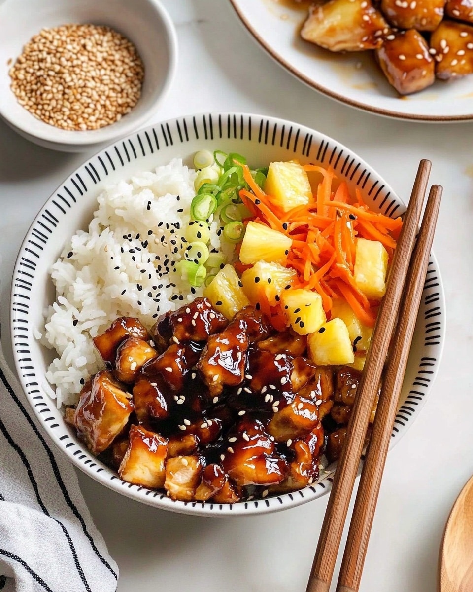 A white bowl with vertical ridges on the inside edge holds a dish with four main parts arranged side by side: glossy dark brown chicken pieces with sesame seeds on top, sitting on a layer of small light yellow diced vegetables; fluffy white rice with a small green garnish; bright orange shredded carrots; and a portion of light yellow diced pineapple scattered with a few black chili flakes. Light brown wooden chopsticks rest across the top of the rice on the right side. The bowl is placed on a white marbled surface, and part of a striped cloth napkin is visible on the left side. photo taken with an iphone --ar 4:5 --v 6.1