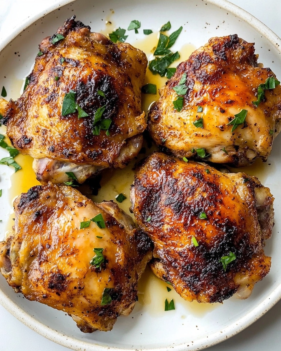 The image shows several pieces of cooked chicken thighs in a metal baking tray. Each chicken piece has a crispy, browned top layer with darker, almost blackened spots of char and glistening golden skin. The chicken sits in a shallow pool of shiny, thick brown sauce, which reflects the light. Small green herb pieces are sprinkled on top and around the chicken, adding a touch of fresh color contrast. The texture of the chicken looks tender but firm with a caramelized finish. photo taken with an iphone --ar 4:5 --v 6.1
