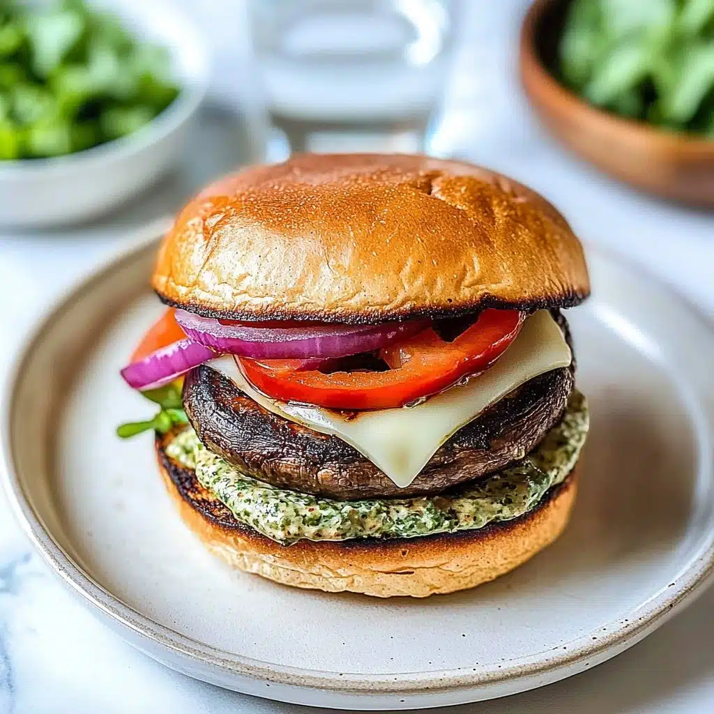 Portobello Mushroom Burger with Mozzarella, Roasted Peppers and Pesto Mayo Recipe - Recipe Image