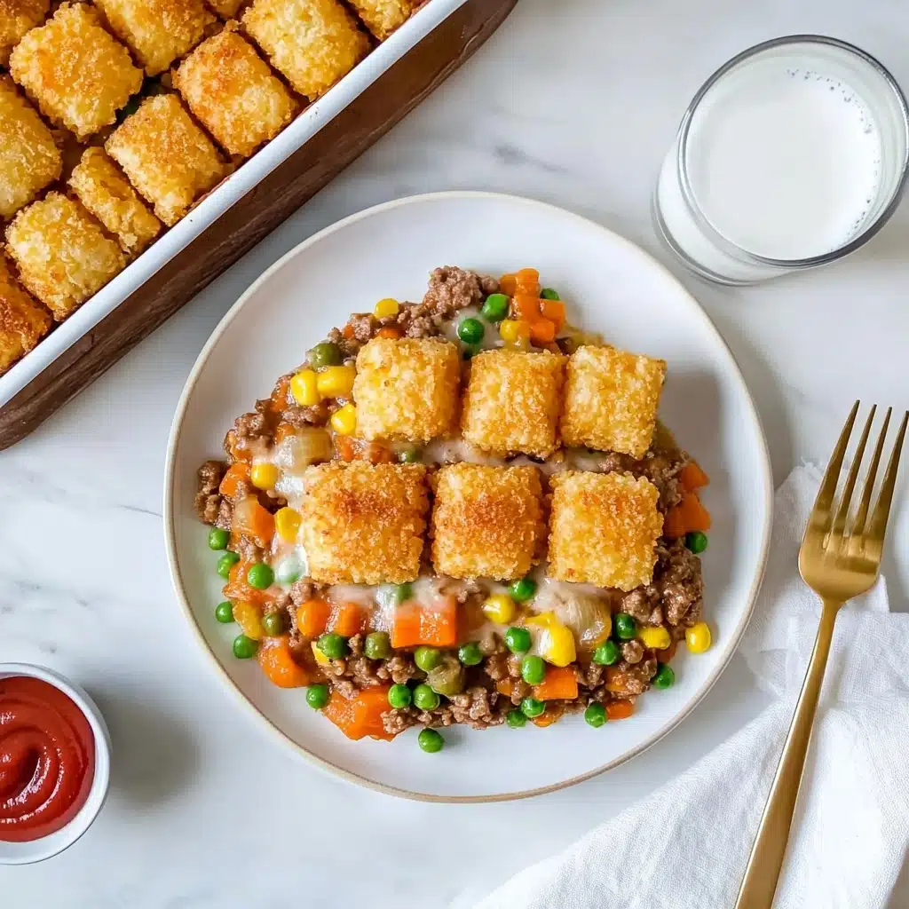 Classic Tater Tot Hotdish, tater tot hotdish recipe, cheesy casserole with tater tots, hearty comfort food recipe, easy Minnesota hotdish A white round plate holds a layered dish with a bottom layer of mixed vegetables including green peas, orange carrots, yellow corn, and green beans mixed with ground beef in a creamy sauce. On top, there is a neat layer of golden, crispy tater tots arranged in a grid. The plate sits on a white marbled surface with a gold fork resting on a white cloth napkin to the right, a small white bowl of red ketchup nearby, and a glass of a white drink at the top left. A baking dish containing more of the same dish is partially visible on the left side.
