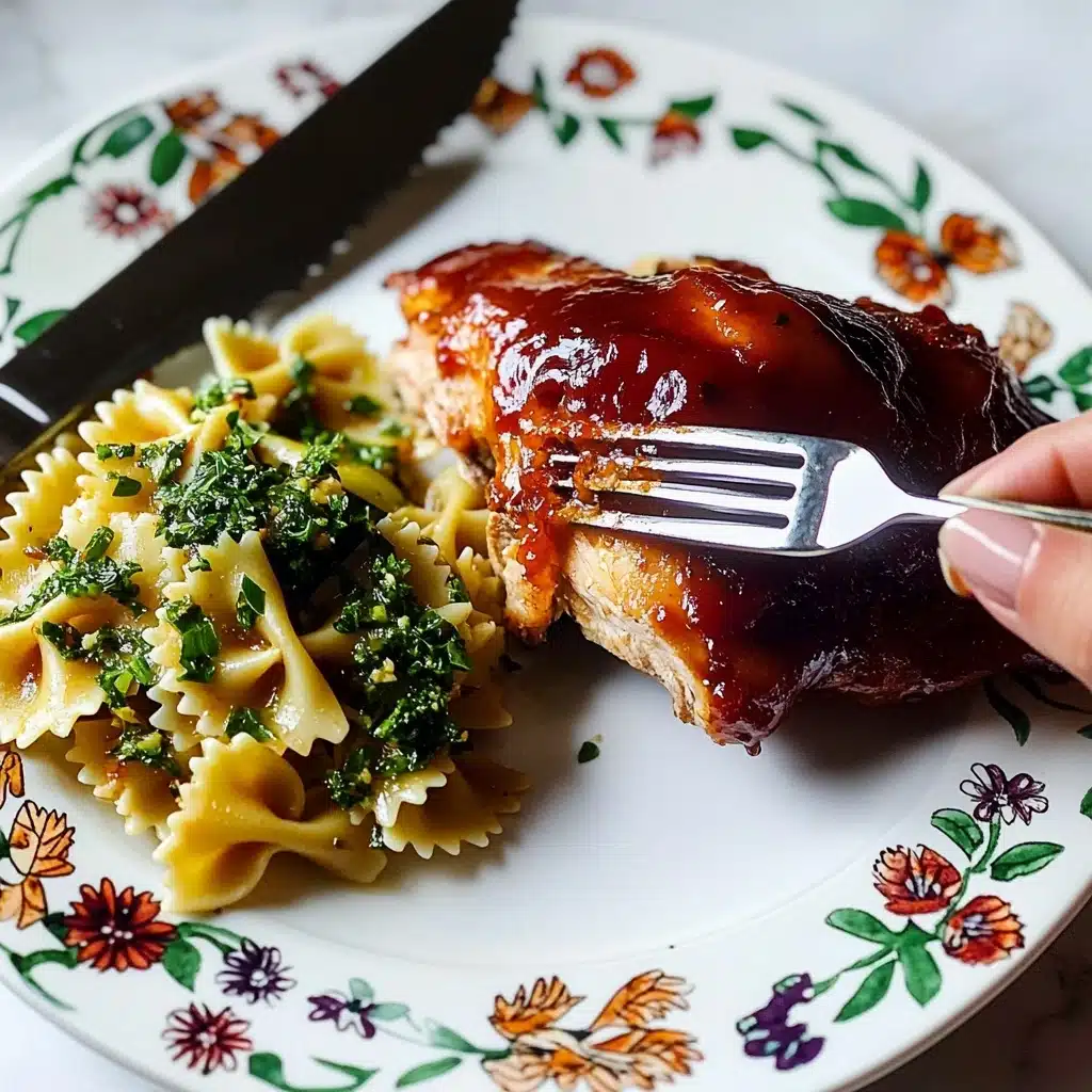 Oven BBQ Chicken, best oven BBQ chicken, flavorful oven baked BBQ chicken, juicy oven BBQ chicken thighs, easy oven BBQ chicken recipe The image shows a close-up of a white plate with colorful flower and leaf patterns holding a meal that includes a thick piece of roasted chicken coated in shiny dark red barbecue sauce on the right side and a portion of bowtie pasta mixed with chopped green herbs and cheese on the left. A woman's hand is holding a fork with a piece of the chicken, while a knife rests nearby on the plate. The background is a white marbled surface, creating a clean and bright setting.