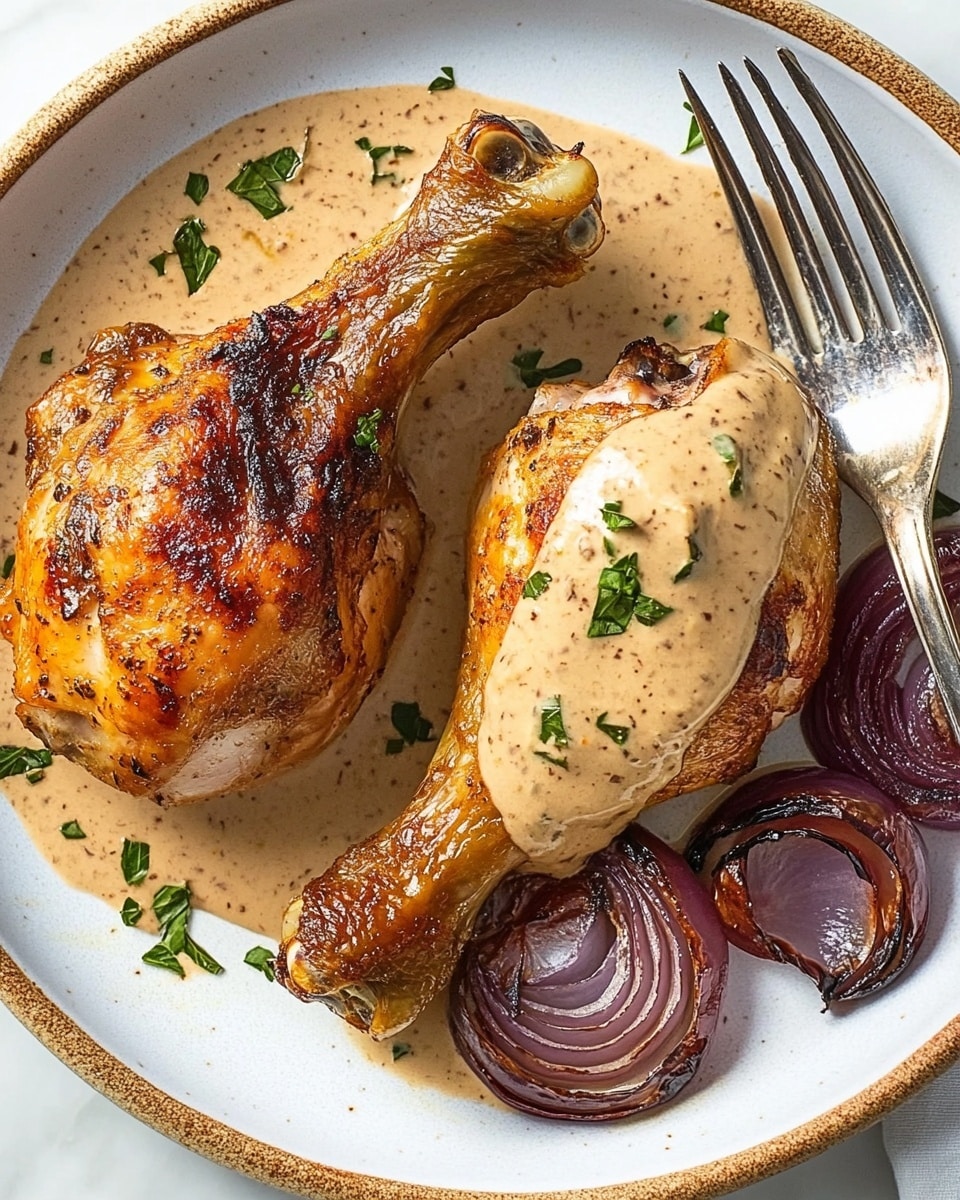 Sheet-Pan Roasted Red Onion Chicken, easy sheet-pan chicken dinner, roasted chicken with red onions, quick weeknight chicken recipe, flavorful baked chicken dish A whole roasted chicken sits in the center of a metal tray, showing a golden-brown skin with dark spice rubs covering the top and sides. The chicken's legs are stretched out and slightly raised, with one side partially resting on a bed of roasted purple onion slices that have darkened edges and a caramelized texture. The tray collects juices and bits of cooked onion around the chicken’s base. The background is a simple, light off-white color, and the tray rests on a white marbled surface.