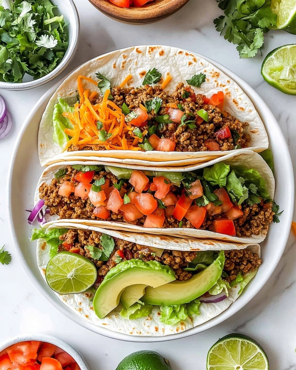 The BEST Instant Pot Taco Meat, Instant Pot Taco Meat, quick taco meat recipe, easy Instant Pot ground beef, healthy taco filling options Two soft tortillas with light brown char marks hold a colorful mix of layers. The bottom layer is shredded light green lettuce, topped with diced red tomatoes and small pieces of purple onion. On top of the vegetables, there is cooked ground meat mixed with tiny bits of orange carrots and green herbs. Each taco is finished with slices of bright green avocado and a light sprinkle of yellow and white shredded cheese. All is placed on a white plate set on a white marbled surface.