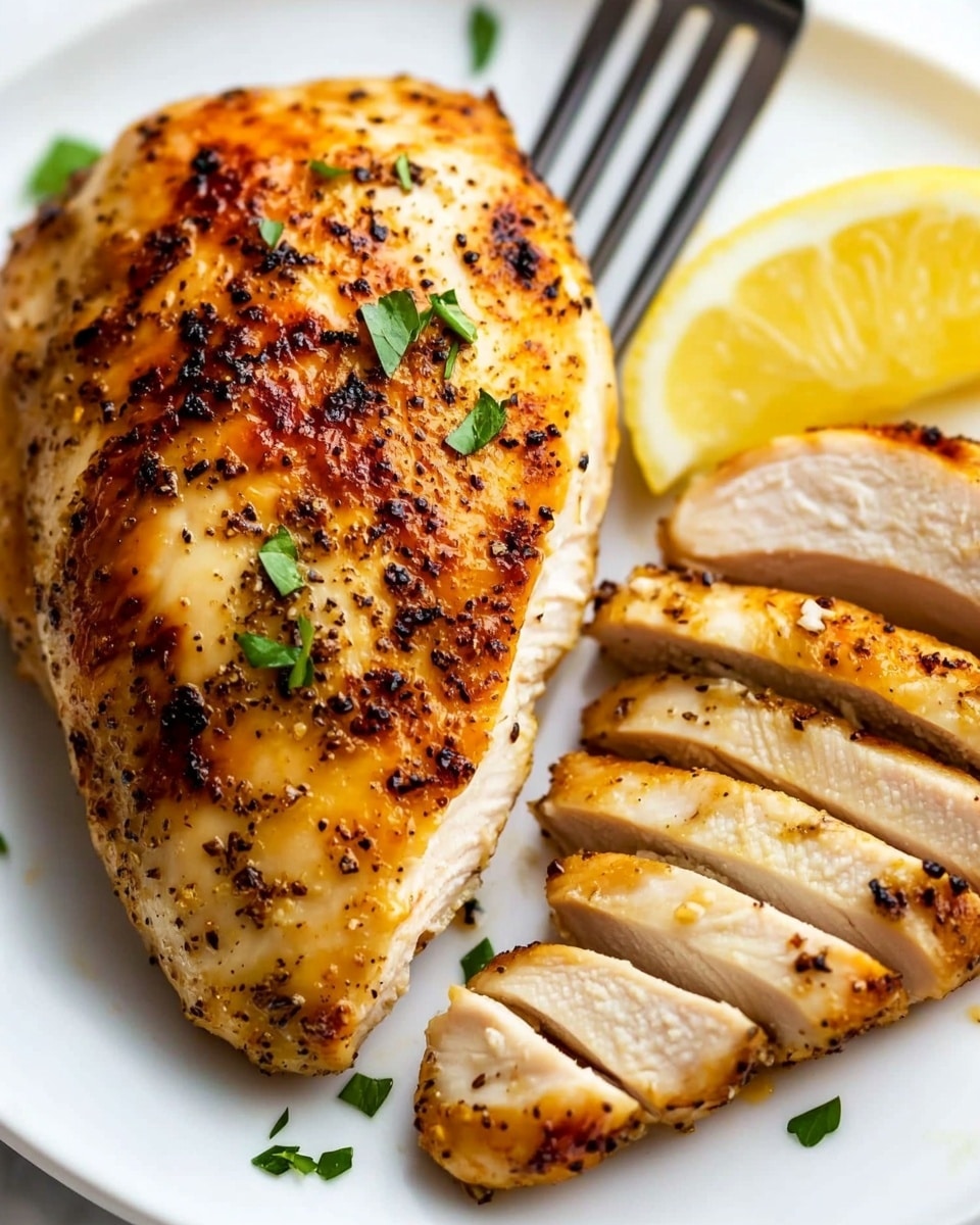 Air Fryer Spiced Chicken Breast, crispy chicken breast recipe, easy air fryer chicken, healthy chicken dinner, quick chicken recipes A close-up view of a white plate with two pieces of cooked chicken on a white marbled surface. The chicken breast on the left is whole, golden brown, and slightly shiny with visible black pepper and small green herb pieces scattered on top. To the right, there is the other chicken breast, sliced into even pieces showing the tender white inside. A silver fork is inserted into the sliced chicken near the top of the image, while a thin wedge of lemon sits partially visible below the sliced chicken, adding a pale yellow color. The scene is brightly lit, highlighting the juicy texture of the chicken and fresh green herbs.