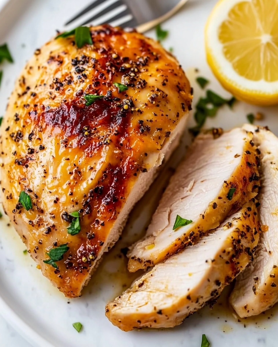 Air Fryer Spiced Chicken Breast, crispy chicken breast recipe, easy air fryer chicken, healthy chicken dinner, quick chicken recipes A white plate on a white marbled surface holds a roasted chicken breast with a golden brown surface, speckled with black pepper and green herb bits. To the right, a sliced portion of the chicken shows tender white meat with browned edges, arranged in a slight arc. Two lemon wedges rest on the plate, one behind the whole chicken breast and one near the sliced portion. Silver forks lie at the bottom right of the plate, partly under the sliced chicken. The scene is bright and clear, showing the juicy texture with small herb sprinkles on top