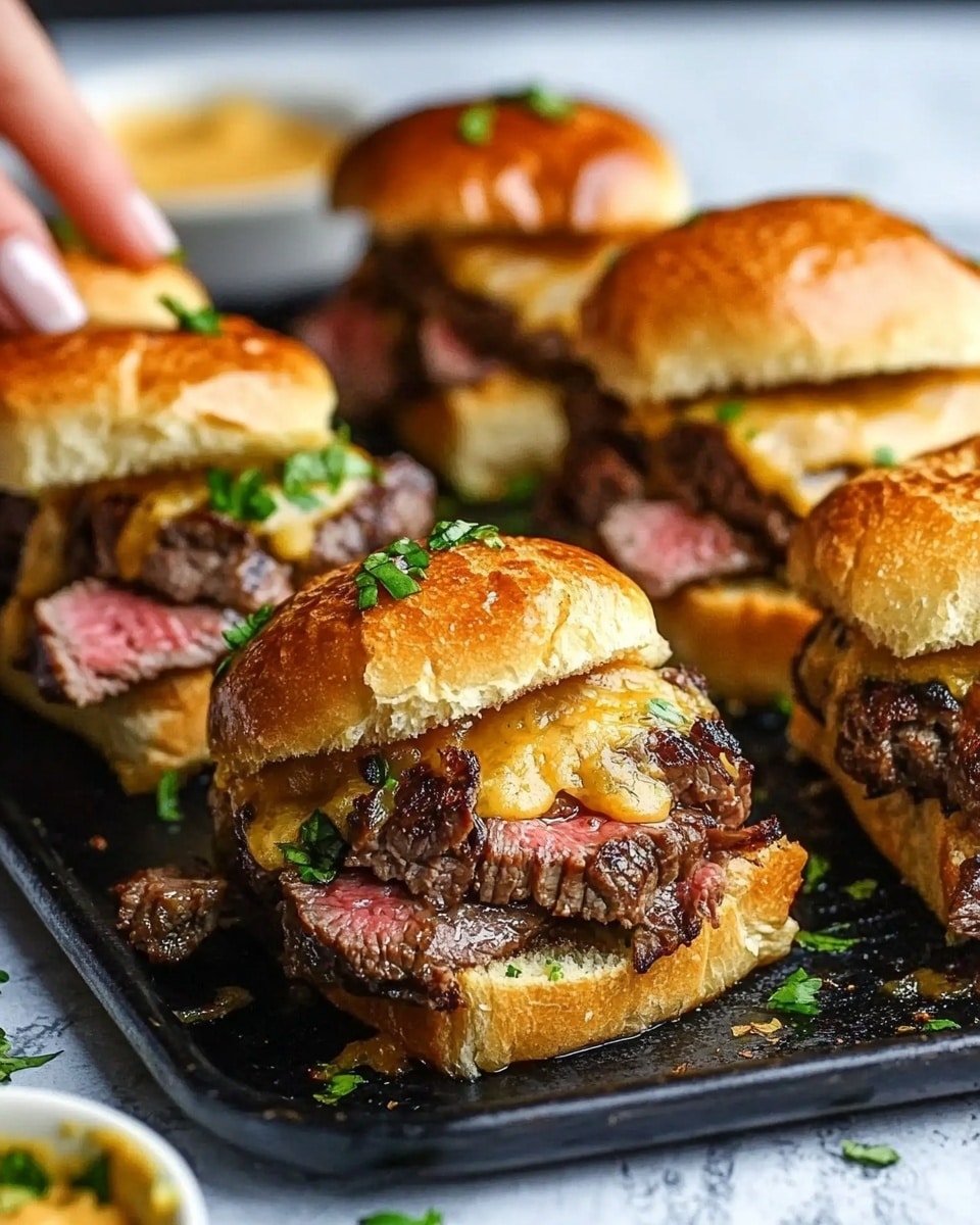 Cowboy Butter Steak Sliders, steak slider recipe, flavorful steak sandwiches, easy game day sliders, gourmet slider ideas The image shows nine small sandwiches arranged in three rows on a black tray, placed on a white marbled surface. Each sandwich has a shiny, golden-brown top bun sprinkled with green herbs and small bits of a crumbly topping layer. Underneath the bun, there is a thick layer of pulled meat that looks tender and juicy, with visible strands of the filling peeking out from the sides. The bottom bun is slightly thicker and golden, holding the filling firmly. Small slices of green jalapeño peppers are scattered around the tray edges.