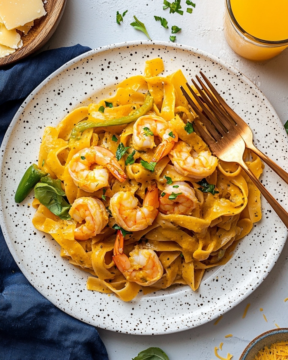 Creamy Cajun Shrimp Pasta with Pappardelle, Cajun shrimp pasta recipes, easy creamy shrimp pasta, quick seafood pasta, flavorful Cajun pasta dishes The dish shows a white speckled plate with creamy orange pasta noodles mixed with green bell pepper strips and several cooked shrimp scattered on top and inside the pasta. The sauce looks smooth and thick, coating the noodles and shrimp evenly, with a sprinkle of green herbs on the dish. The plate has a bronze fork on either side, resting on a white marbled surface with small green leaves around it. Nearby, a glass of orange juice and a small wooden bowl filled with shaved cheese pieces are visible, along with a small black bowl of dried herbs.