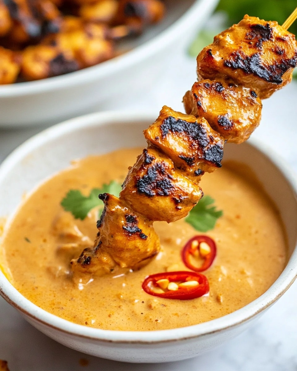 Chicken Satay with Easy Peanut Sauce, Chicken Satay Recipe, Easy Peanut Sauce, Delicious Chicken Satay, Weeknight Dinner Ideas A white plate filled with several skewers holding grilled, golden-orange chicken pieces with visible dark grill marks, placed on a white marbled surface. Fresh green cilantro leaves garnish the side of the plate, along with a wedge of lime. Next to it, on the same white marbled surface, a small bowl holds a creamy orange sauce topped with crushed peanuts and thin slices of red chili. Another small bowl with a clear orange dipping sauce sits beside the bowl.