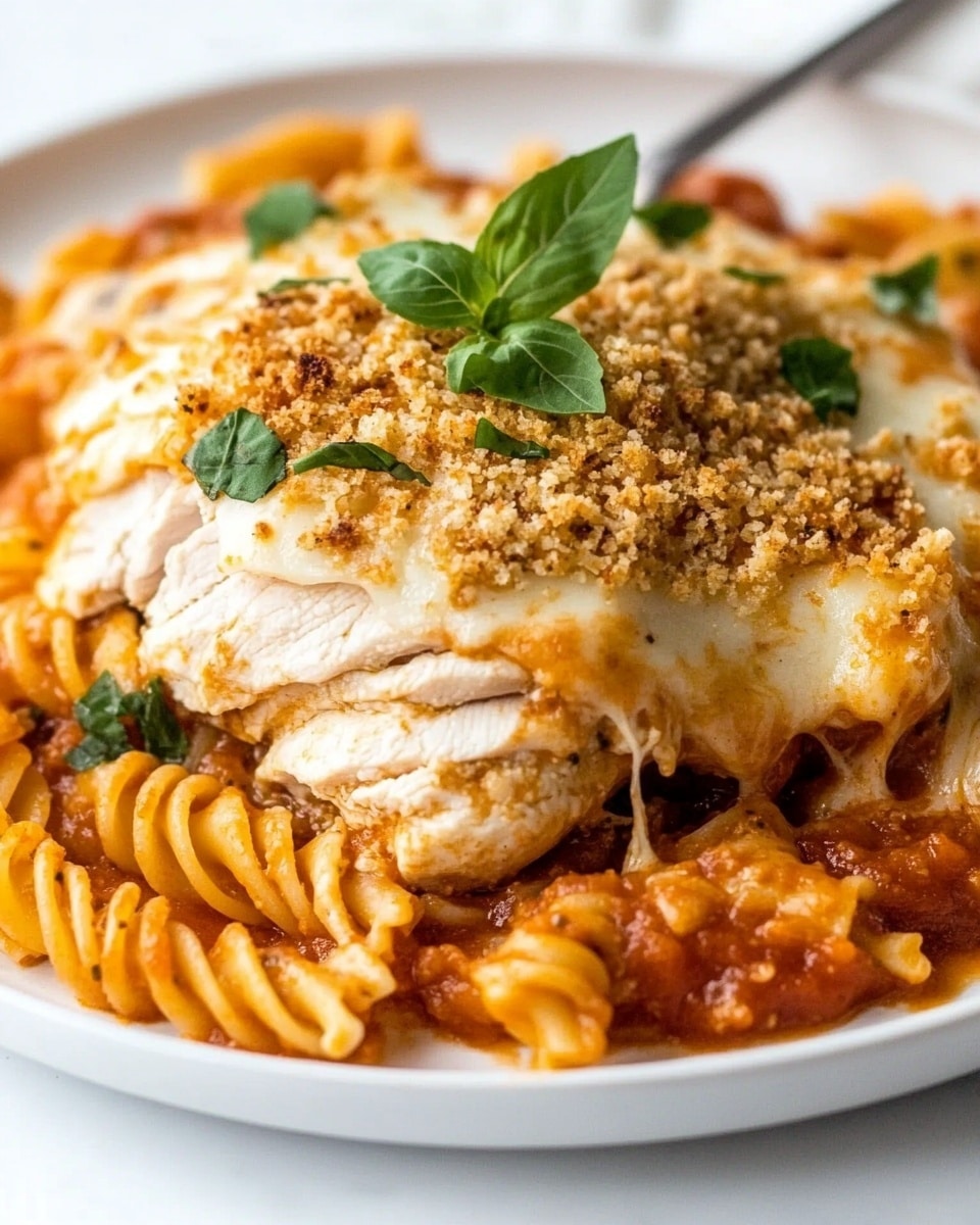 A white plate on a white marbled surface holds a piece of chicken covered by a thick layer of melted cheese, topped with golden brown breadcrumbs and small green herb leaves. The chicken sits on a bed of orange-red spiral pasta in tomato sauce, with the pasta arranged all around the chicken. A metal fork is stuck into the chicken at the back. Photo taken with an iphone --ar 4:5 --v 6.1