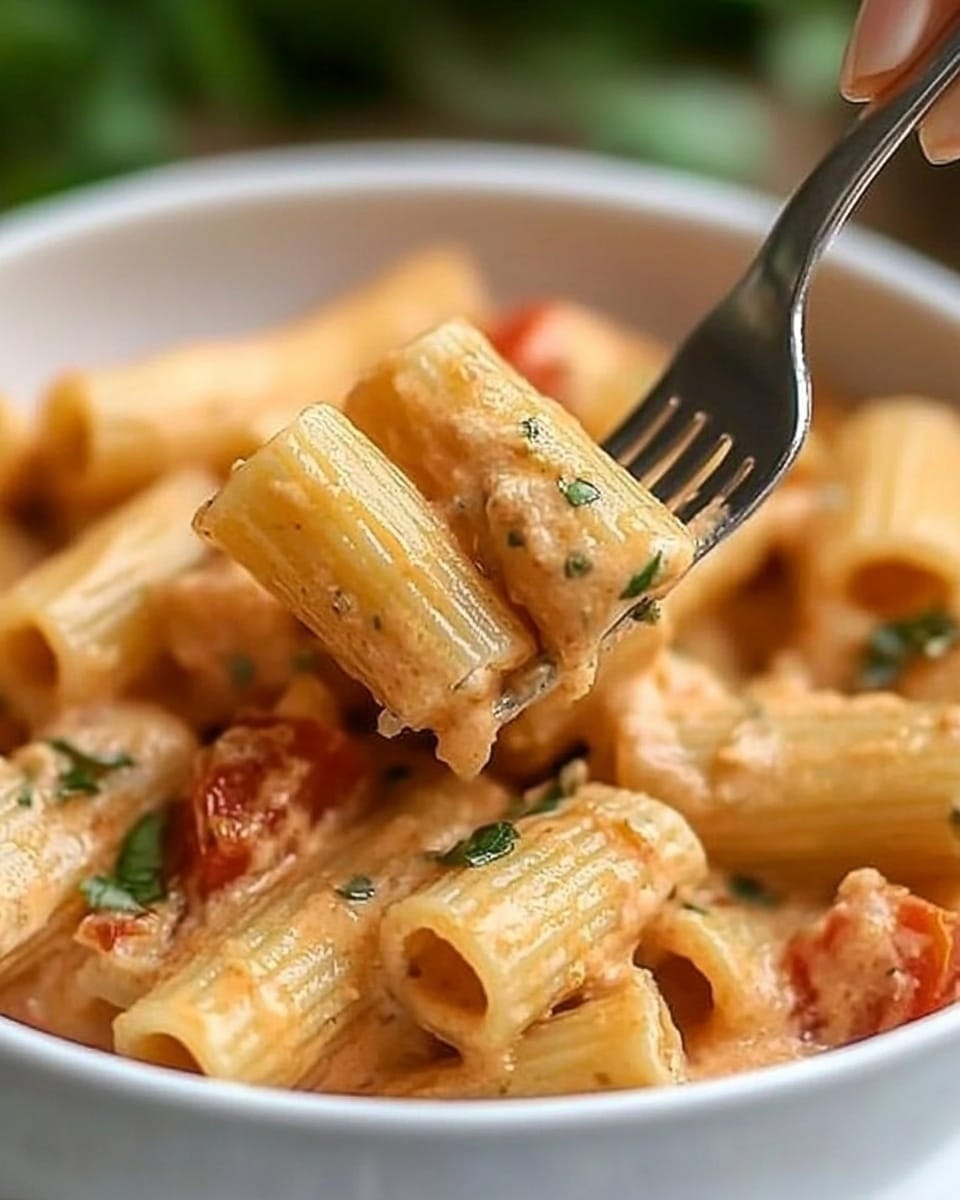 A close-up image shows rigatoni pasta coated in a creamy sauce, with small pieces of tomato and green herbs scattered throughout. The rigatoni has a light orange color from the sauce, and the pasta's ridges and hollow centers are clearly visible. A woman's hand holds a fork lifting a piece of rigatoni, showing the texture and sauce in detail. The pasta is served in a deep white bowl, placed on a white marbled surface with blurred green foliage in the background. photo taken with an iphone --ar 4:5 --v 6.1