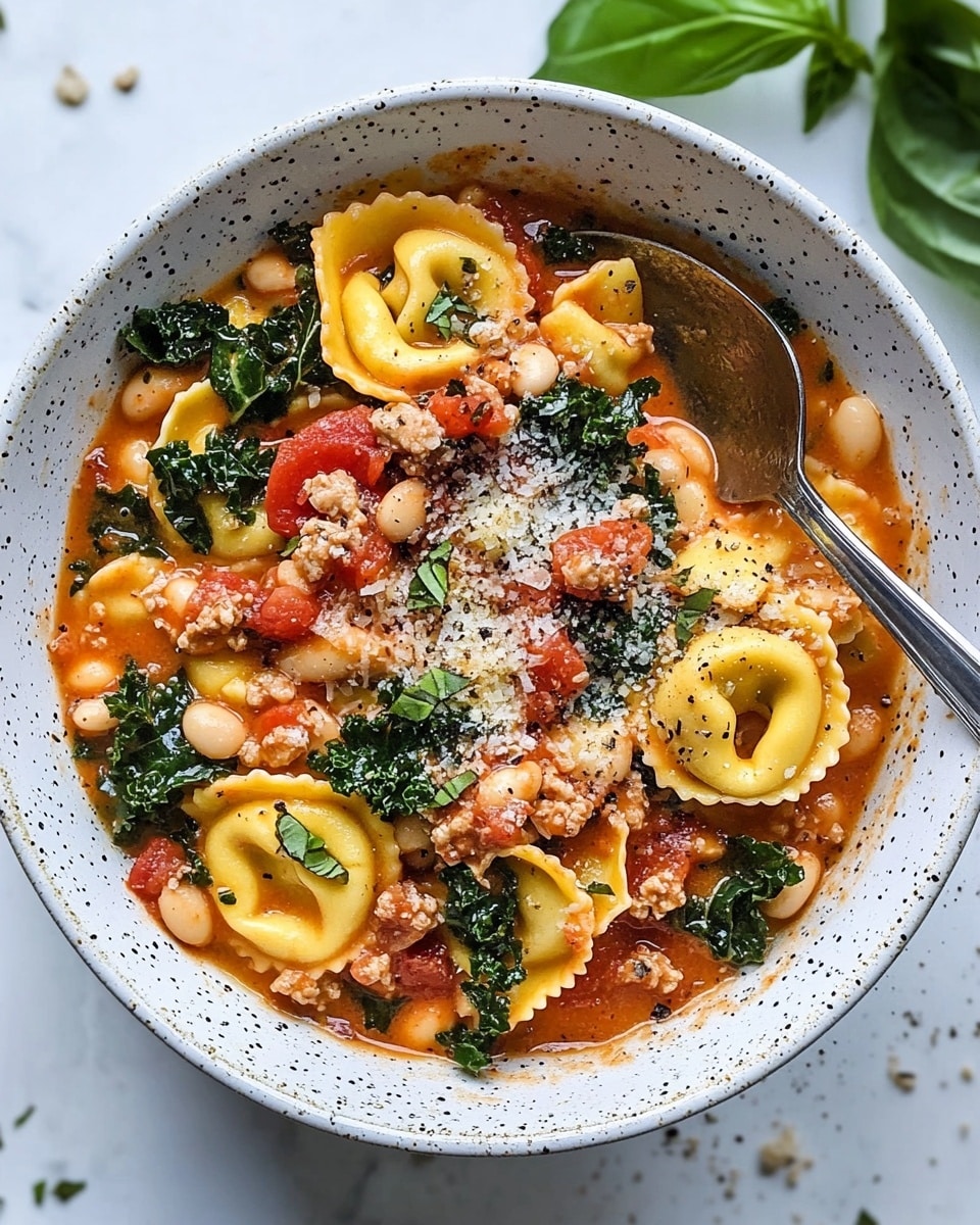 A white speckled bowl filled with creamy red sauce at the base, layered with yellow tortellini pasta scattered throughout. On top and mixed inside are dark green leafy kale, small chunks of red tomatoes, white beans, and bits of light brown crumbled cooked meat. The dish is sprinkled with grated cheese and coarse black pepper. A silver spoon rests inside the bowl on the right side. The bowl is placed on a white marbled surface with some green basil leaves visible in the top right corner. photo taken with an iphone --ar 4:5 --v 6.1