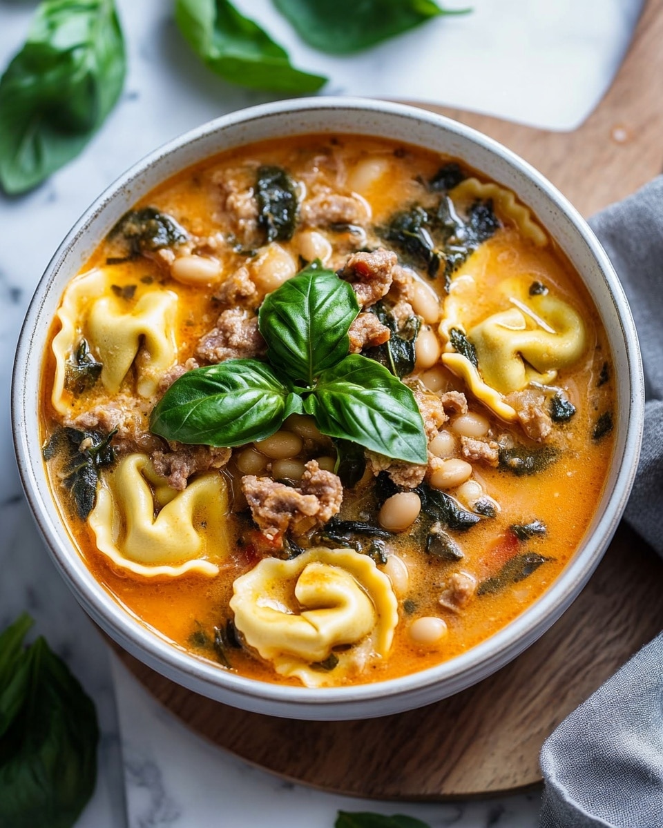 A white bowl filled with a thick soup showing three distinct layers: at the bottom, a light creamy orange broth with bits of meat and small white beans; in the middle, yellow tortellini pasta with soft folds and slight shine, mixed with dark green leafy vegetables scattered around; on top, fresh bright green basil leaves placed in the center as garnish. The bowl sits on a wooden board on a white marbled surface with more green basil leaves around. A grey cloth napkin is partially draped nearby. photo taken with an iphone --ar 4:5 --v 6.1