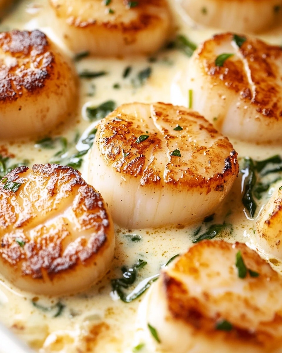 The image shows several round, golden-brown scallops with a crispy seared top layer placed closely together, resting in a creamy white sauce that has a smooth texture. Mixed in the creamy sauce are scattered bright green spinach leaves adding contrast and freshness. The dish looks rich and slightly glossy, with small bits of herbs sprinkled throughout for extra color and detail. The scallops sit on a white marbled surface, making the creamy sauce and green spinach stand out vividly photo taken with an iphone --ar 4:5 --v 6.1