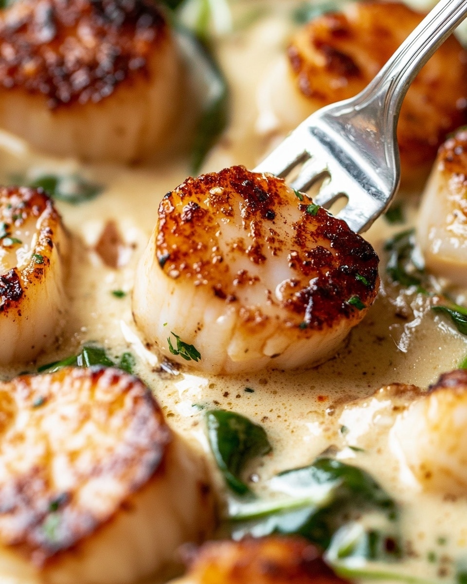 The image shows a close-up of several golden-brown seared scallops nestled in a creamy, light beige sauce speckled with herbs. The scallops have a slightly crispy outer layer with a soft, tender texture inside. Bright green spinach leaves and dark red sun-dried tomatoes are scattered around the scallops, adding contrast with their vibrant colors and slightly wrinkled texture. A silver fork pierces one scallop in the center, pressing gently into it, and the background is a white marbled surface that adds a clean, elegant touch. photo taken with an iphone --ar 4:5 --v 6.1