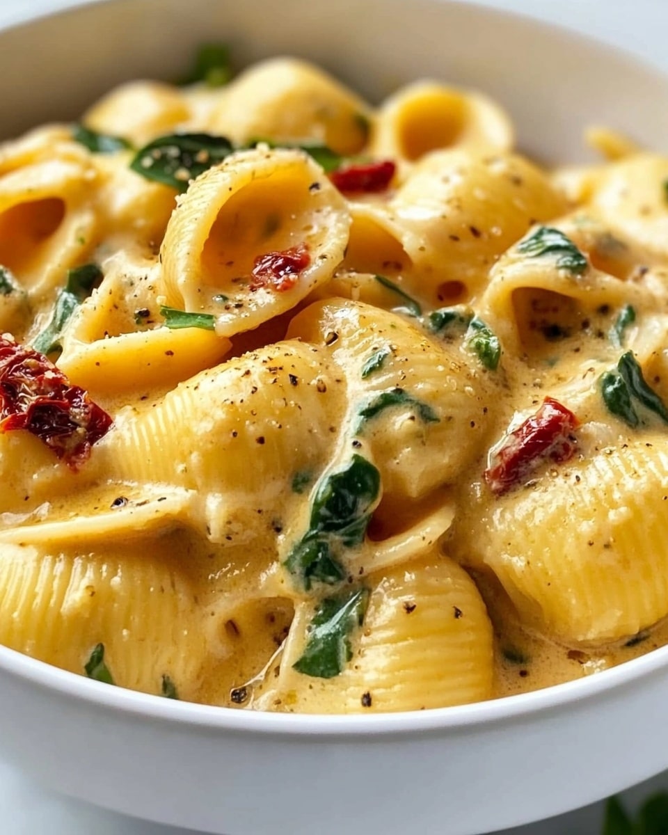 The image shows a close-up of a white bowl filled with three layers of pasta shells in a creamy, light yellow sauce. The shells have a smooth texture, coated evenly in the sauce that has small dark specks, likely herbs and spices. Among the shells, there are bright green spinach leaves and small pieces of sun-dried tomatoes with a deep red color. The dish is sprinkled lightly with chopped fresh green herbs on top. The bowl sits on a white marbled surface, creating a clean and simple background. photo taken with an iphone --ar 4:5 --v 6.1