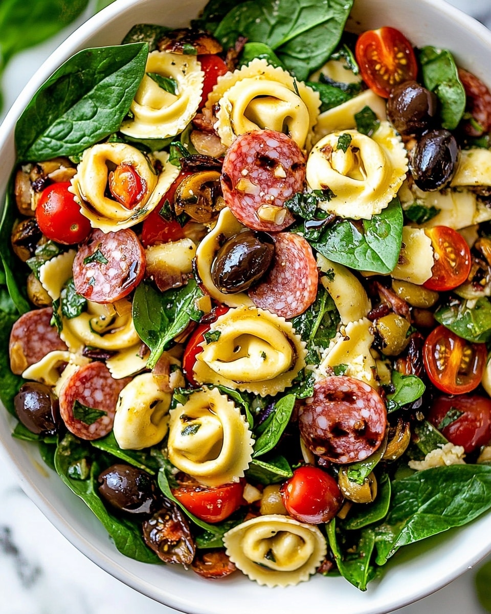 This image shows a close-up of a colorful tortellini salad in a white bowl on a white marbled surface. The salad has three main layers: the base layer is made of creamy, pale yellow tortellini pasta, some pieces showing slight browning. On top of the pasta, there are fresh bright green spinach leaves and fresh basil leaves scattered across. The salad is mixed with halved red and yellow cherry tomatoes, sliced green olives, and strips of dark reddish-brown salami. Small white mozzarella balls are spread throughout, and bits of sun-dried tomatoes add a dark red touch. A drizzle of dark balsamic glaze is visible on top, adding glossy dark spots. A wooden spoon is partly inside the bowl beneath the salad. Photo taken with an iphone --ar 4:5 --v 6.1