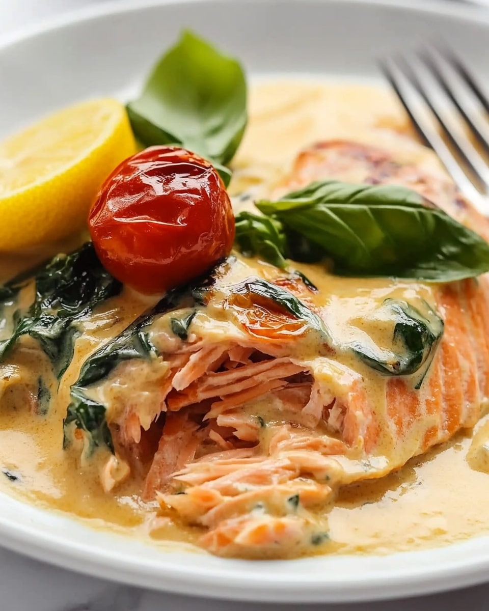 A close-up view of a white plate with a creamy salmon dish. The dish has shredded pink salmon at the bottom, covered by a light orange creamy sauce with green spinach leaves mixed in. On top, there's a roasted red cherry tomato, a yellow lemon slice, and a bright green basil leaf. The sauce looks smooth and glossy, and the salmon appears tender. The plate sits on a white marbled surface with part of a silver fork visible on the right side. Photo taken with an iphone --ar 4:5 --v 6.1