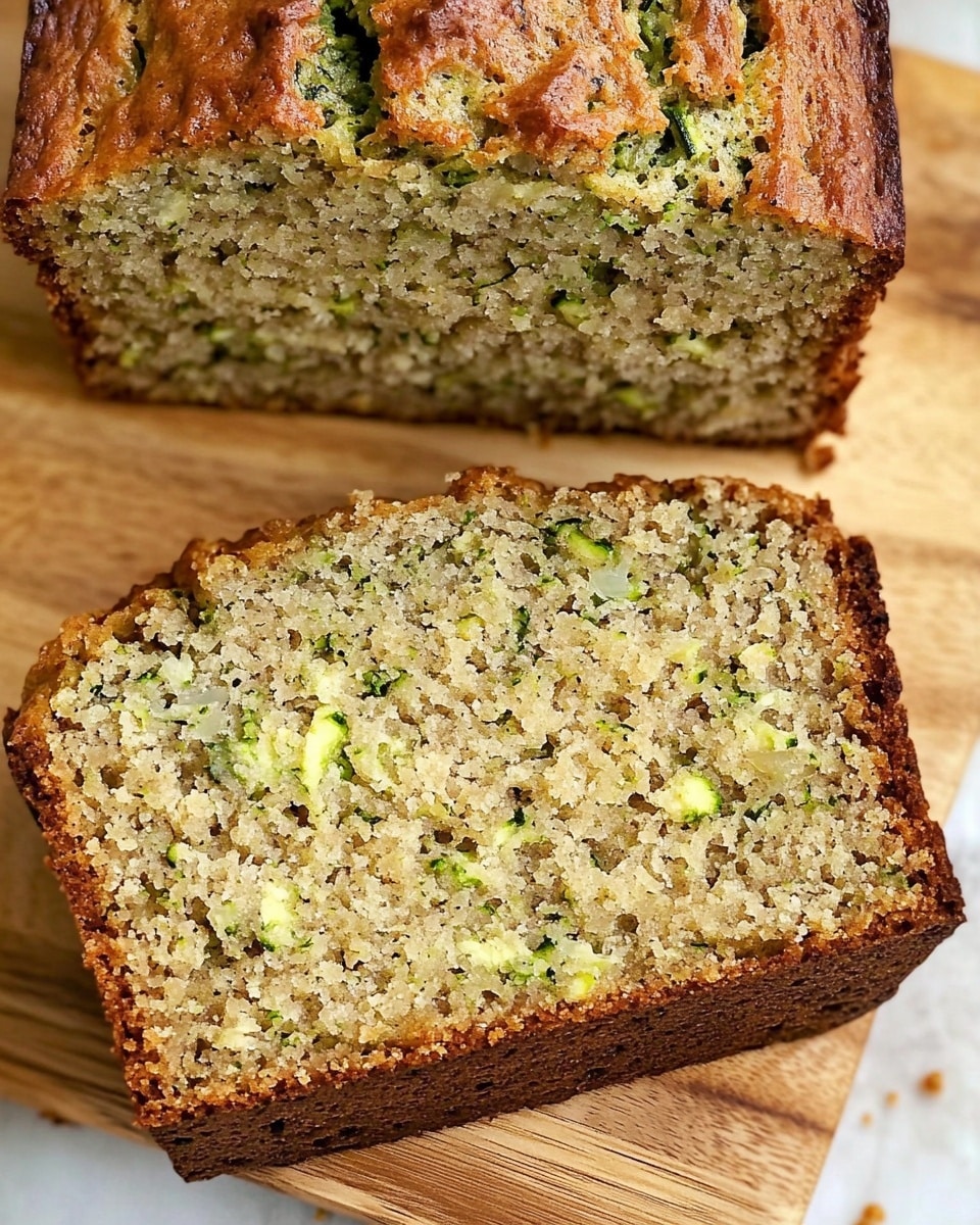 The image shows two slices of zucchini bread placed side by side on a wooden board, with the loaf partially visible at the bottom. Each slice reveals a dense, moist texture with small green flecks distributed evenly throughout the light beige interior, indicating shredded zucchini. The outer crust is golden brown and slightly rough, offering a crisp contrast to the soft inside. The bread’s shape is rectangular with rounded edges, and the slices are thick and well-formed. The background is a white marbled texture. Photo taken with an iphone --ar 4:5 --v 6.1