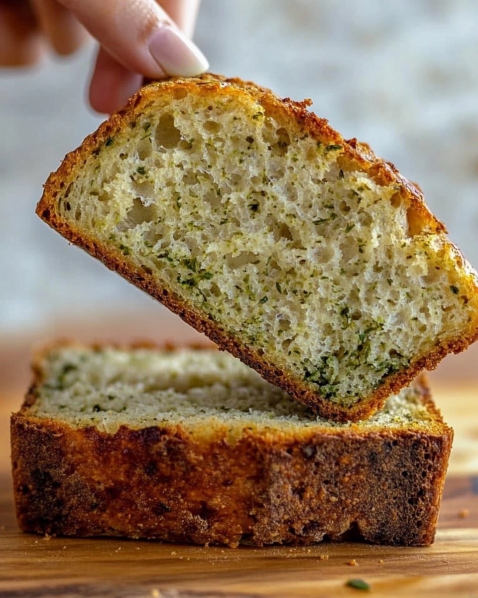 A close-up view of two slices of herb bread stacked on a wooden surface with a white marbled texture in the background. The top slice is being lifted by a woman's hand, showing a golden-brown crust with a rough, textured edge and a light green interior speckled with herbs. The bottom slice lies flat, displaying a similar crust and herb-speckled crumb. The bread looks soft inside with a chewy crust. Photo taken with an iphone --ar 4:5 --v 6.1