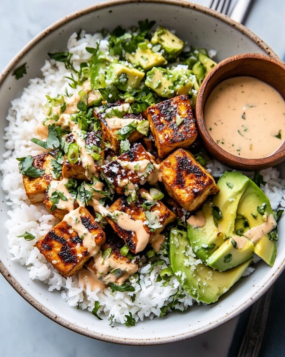 A white bowl holds a base layer of fluffy white rice. On top of the rice, there is a layer of grilled tofu cubes with a golden-brown color and a slightly charred texture, garnished with chopped green herbs. Next to the tofu, there are small pieces of bright green avocado mixed with fresh herbs and sliced green chili peppers. Crumbled white cheese is sprinkled over the avocado and tofu. A light tan sauce is drizzled over the tofu and avocado, with extra sauce in a small wooden cup positioned inside the bowl on the right side. A silver fork rests on the left edge of the bowl. The bowl is placed on a white marbled surface. photo taken with an iphone --ar 4:5 --v 6.1