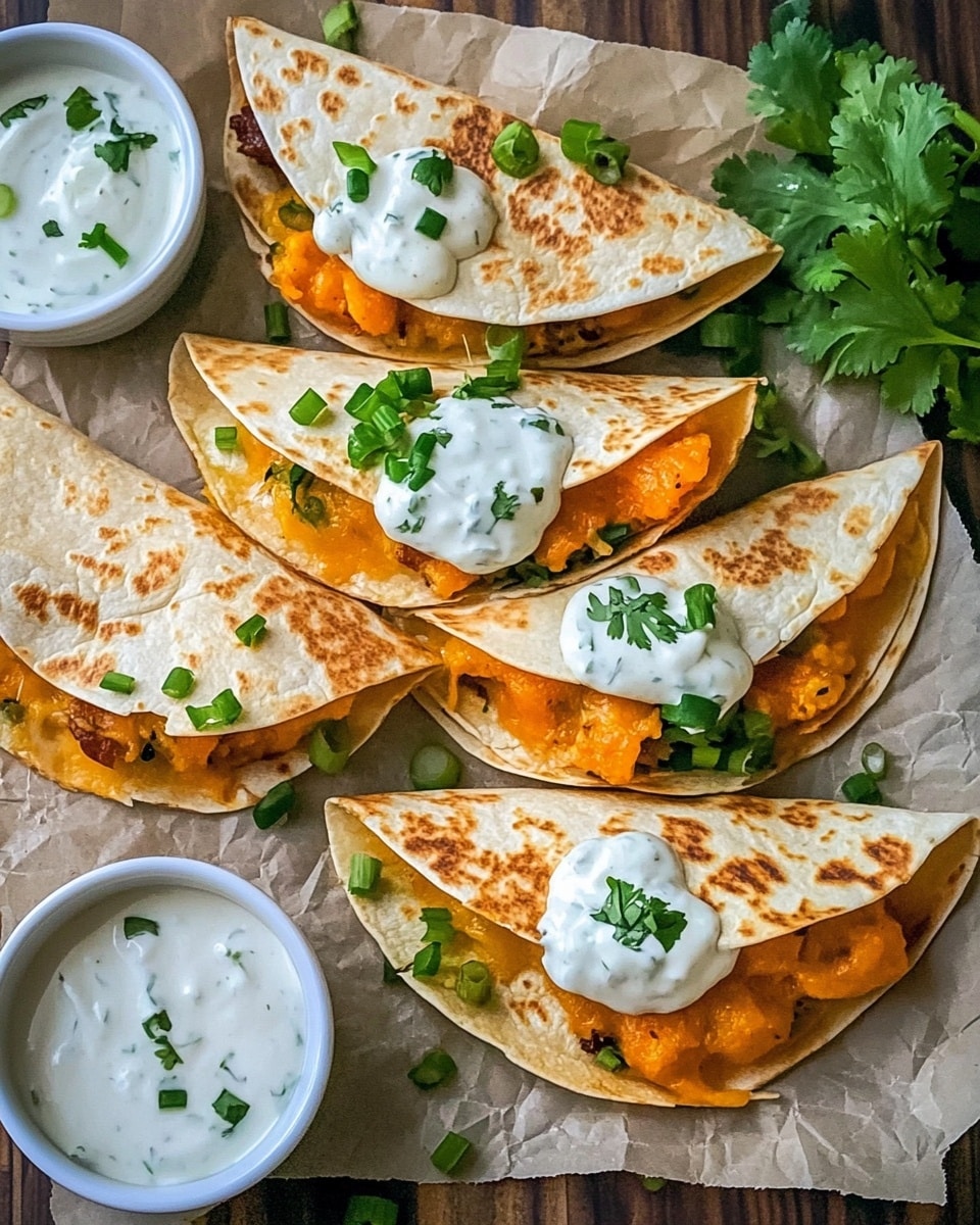 A woman's hand is holding a folded tortilla taco filled with orange-brown cooked chicken pieces and melted yellow cheese. On top of the chicken is a thick white sauce with green herbs and small cilantro leaves. The taco is being dipped into a white bowl of the same creamy herb sauce. In the background on a white marbled surface, there are two more tacos with the same filling and sauce on top. Around the tacos, there are scattered green chopped scallions and a small white bowl with more scallions. The whole scene is bright and fresh, showing the soft texture of the tortillas and juicy chicken pieces. Photo taken with an iphone --ar 4:5 --v 6.1