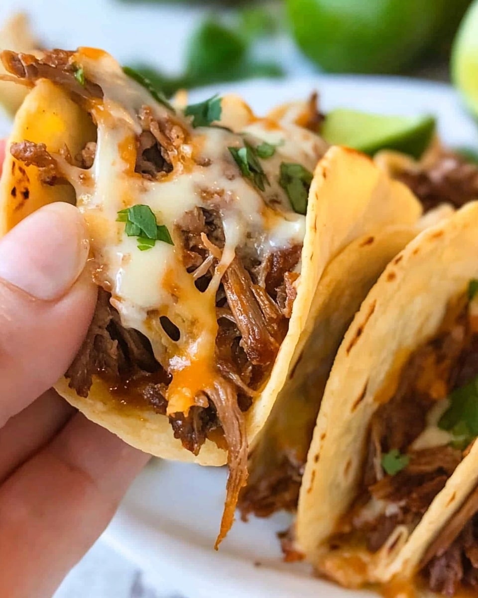 A close-up of a woman's hand pulling apart a small white taco filled with melted stretchy cheese and tender dark brown shredded meat. The taco shell is golden and slightly crispy with some browned spots. In the background, there is a white plate with more similar tacos stacked together, each taco showing layers of golden shells, melted cheese, and shredded meat sprinkled with green herbs. On the side of the plate, there are green lime wedges adding a fresh color accent. The scene is set on a white marbled textured surface. photo taken with an iphone --ar 4:5 --v 6.1