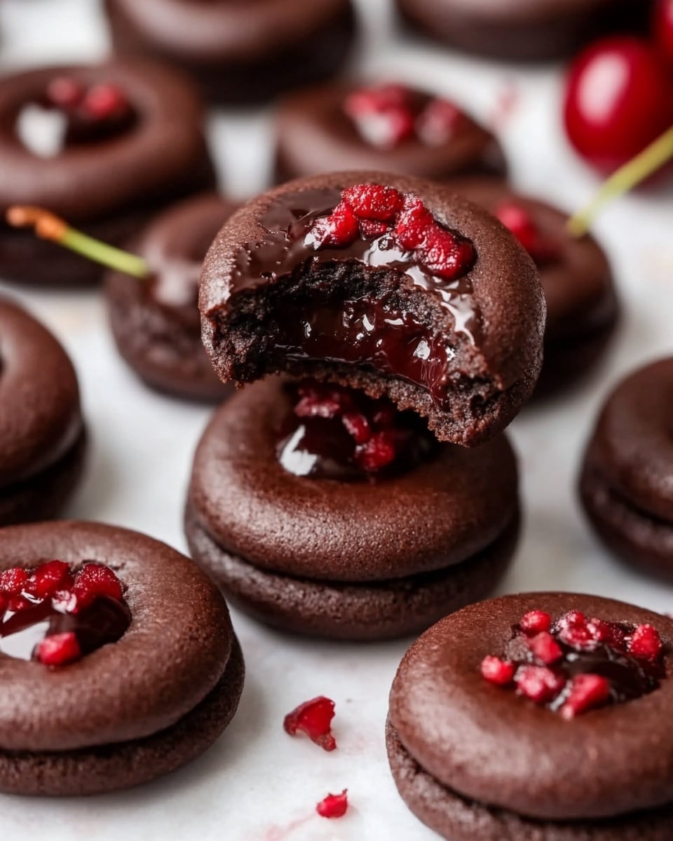 The image shows several round dark brown chocolate cookies with a soft, shiny chocolate center topped with small red sprinkles. One cookie in the middle has a bite taken out, revealing the smooth chocolate inside. Bright red cherries with stems are placed among the cookies, adding vibrant color. The cookies and cherries rest on a wooden surface that will be imagined as a white marbled texture instead. photo taken with an iphone --ar 4:5 --v 6.1