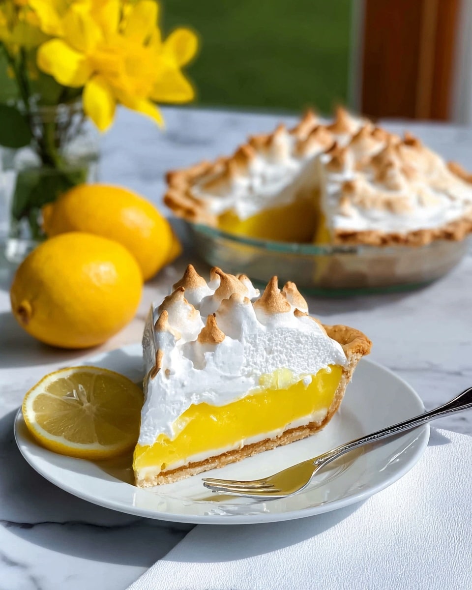 A slice of lemon meringue pie sits on a white plate on a white marbled surface, showing three clear layers: a thin light brown crust at the bottom, a thick bright yellow lemon filling in the middle, and a thick fluffy white meringue layer on top with small toasted brown peaks scattered across. A small wedge of lemon rests on the plate next to the pie, and a silver fork lies beside it. In the background, the full pie with a missing slice is visible in a clear pie dish. Two bright yellow whole lemons and a yellow flower in a glass vase add color around the pie. The photo was taken with an iphone --ar 4:5 --v 7