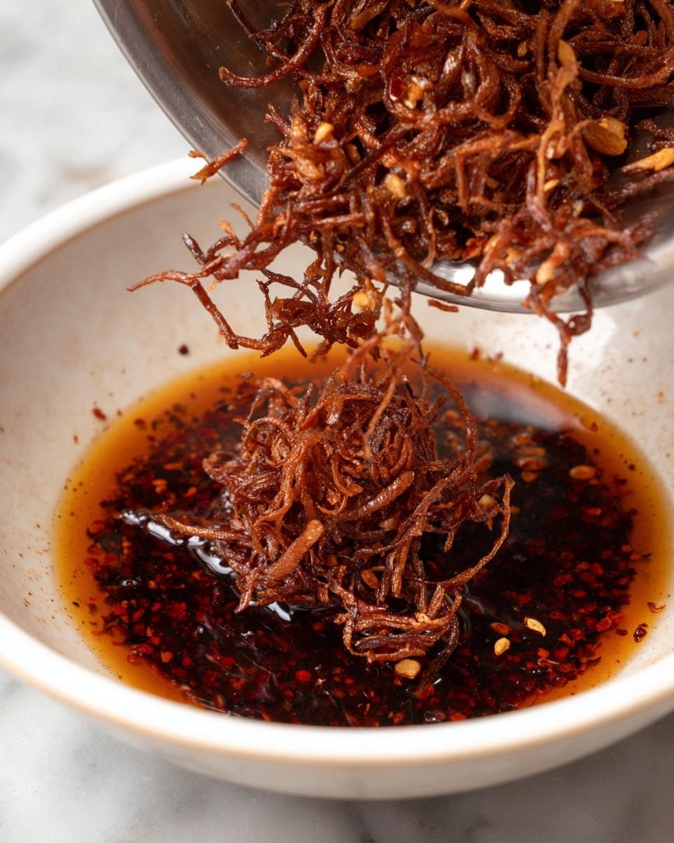 This close-up image shows thin, twisted, dark brown fried shallots being poured into a bowl filled with dark reddish-brown oil mixed with small bits of red chili flakes and light brown sliced garlic. The fried shallots have a dry, crispy texture and are falling loosely above the shiny, oily layer in the white bowl, which sits on a white marbled surface. The scene captures a woman's hand gently holding the container above the bowl, with the focus on the mixture's rich colors and textures. Photo taken with an iphone --ar 4:5 --v 7
