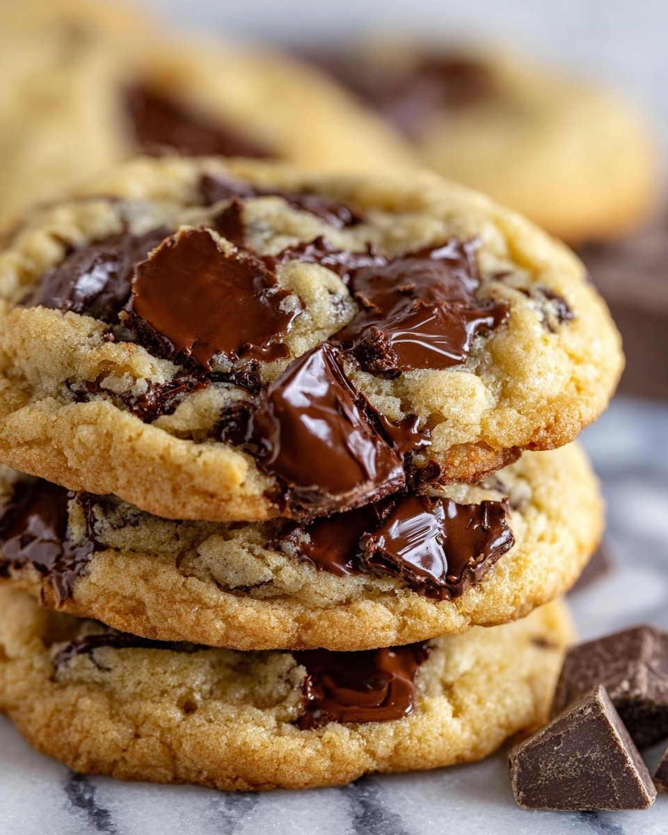 A close-up view of a stack of three thick, soft cookies with a light golden-brown color, each loaded with large, shiny dark chocolate chunks that are melted and slightly glossy on the top cookie. The cookies have a soft, bumpy texture with a slightly crisp edge, and the chocolate pieces are unevenly distributed, showing some melting and stretching between layers. The stack sits on a surface with a white marbled texture, with additional cookie pieces and chocolate chunks faintly visible in the background. photo taken with an iphone --ar 4:5 --v 7