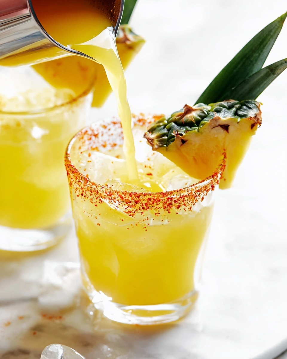 A close-up image shows a clear glass filled with bright yellow juice and ice cubes, with a rim coated in red chili powder and salt mixture. A woman's hand is pouring more juice into the glass from a clear mixing container with a metal spout. The glass is garnished with a fresh, triangular pineapple wedge with green leaves on the side. Another similar glass with pineapple garnish stands in the background on a white marbled surface. The scene is bright and fresh with sharp colors and clear textures. photo taken with an iphone --ar 4:5 --v 7