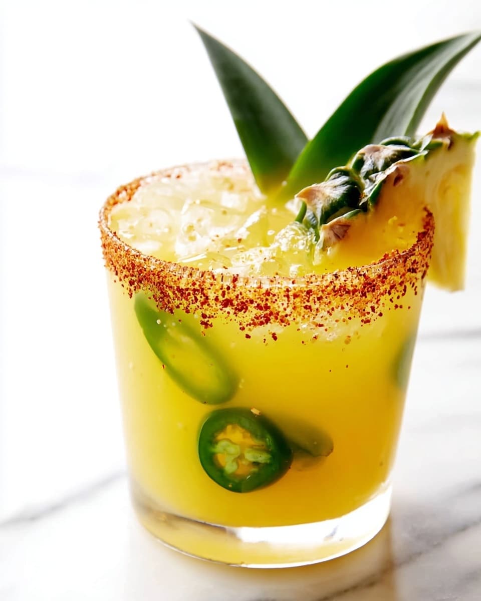 A clear glass filled with a bright yellow drink is shown, with slices of green jalapeno floating inside. The rim of the glass is coated with a mix of chili powder and salt, adding a textured reddish-brown ring around the top edge. Ice cubes float near the surface of the drink. A fresh wedge of pineapple with its green leaf attached is placed on the rim, leaning slightly outward. The glass sits on a white marbled surface. photo taken with an iphone --ar 4:5 --v 7