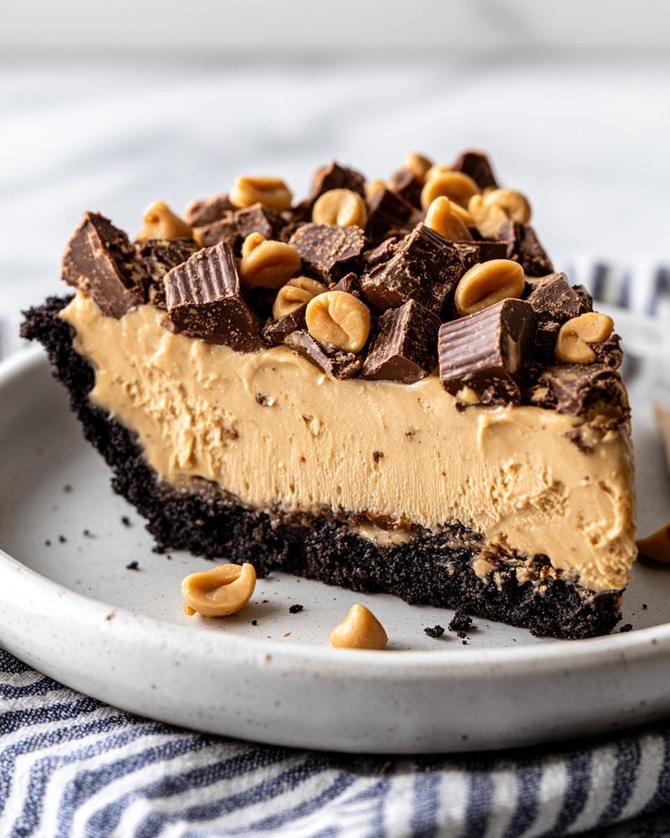 The image shows a pie in a clear glass dish with three main layers: the bottom layer is a dark crumbly crust, the middle layer is a smooth light brown creamy filling, and the top layer is loaded with cut pieces of chocolate peanut cups scattered evenly. Dark chocolate and light caramel-colored sauces are drizzled over the top layer, creating thin streaks across the pie. The pie sits on a white marbled surface. photo taken with an iphone --ar 4:5 --v 7