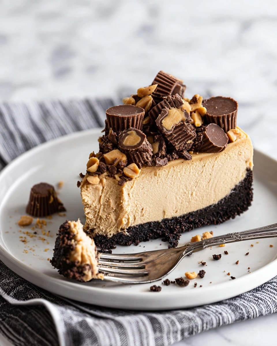 A slice of creamy peanut butter cheesecake with a dark chocolate crumb crust forms the bottom layer. The cheesecake layer is light brown, smooth, and thick, sitting on the dark crust. On top, there is a generous pile of halved chocolate peanut butter cups and scattered peanut butter chips, adding texture and color contrast. The slice rests on a white plate with a few crumbs around it, placed on a folded striped cloth with a silver fork beside the cheesecake, holding a small bite. The background has a white marbled texture. Photo taken with an iphone --ar 4:5 --v 7