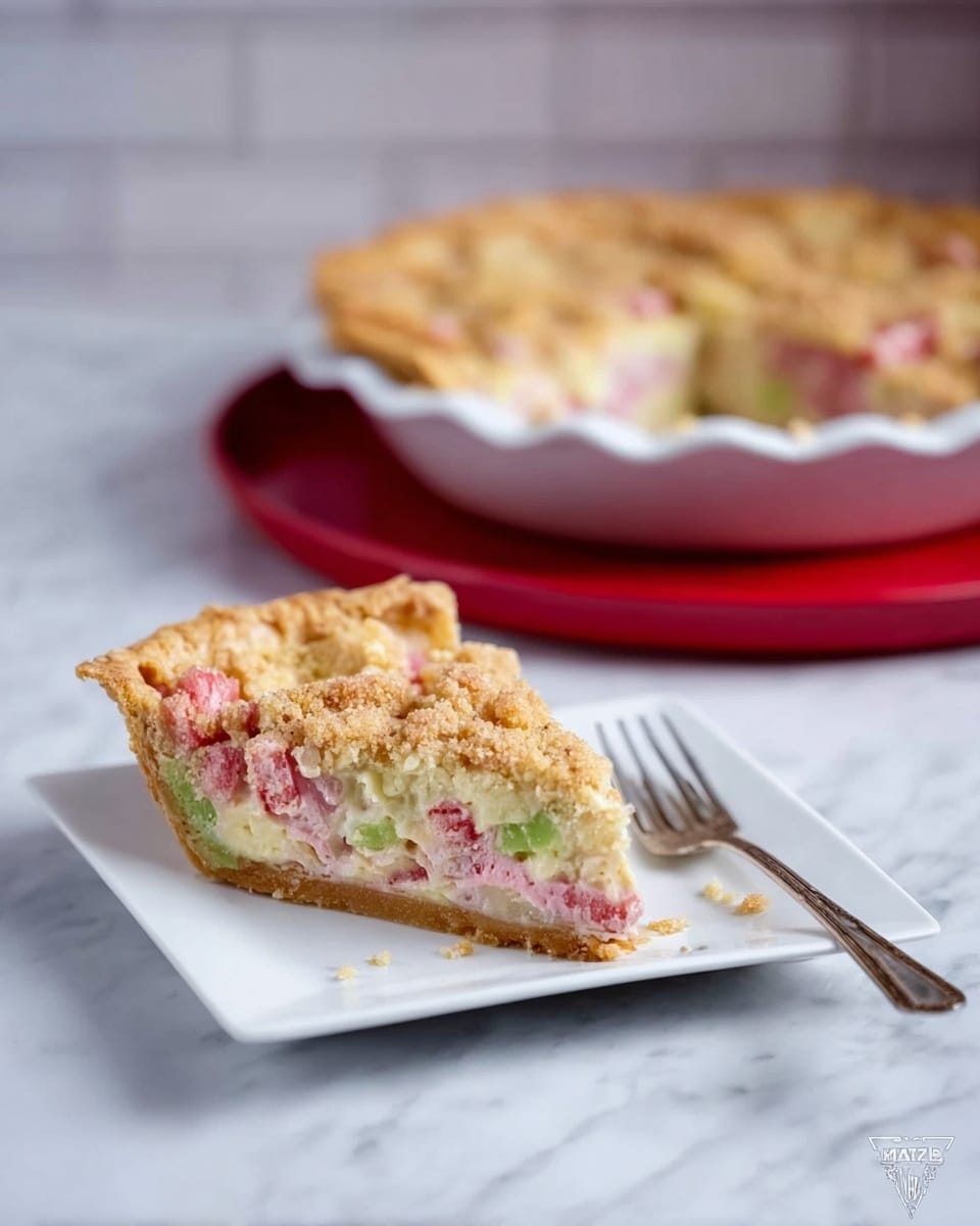The image shows a slice of pie on a white square plate with a silver fork beside it. The pie slice has three layers: a golden brown flaky crust on the bottom and edges, a thick middle layer with soft pink and green chunks filling, and a lightly browned crumbly top layer with small pieces matching the filling colors. Behind the slice, the remaining pie sits on a round white plate, which rests on a red serving tray. The whole setup is on a white marbled surface, with a blurred white tiled background. Photo taken with an iphone --ar 4:5 --v 7
