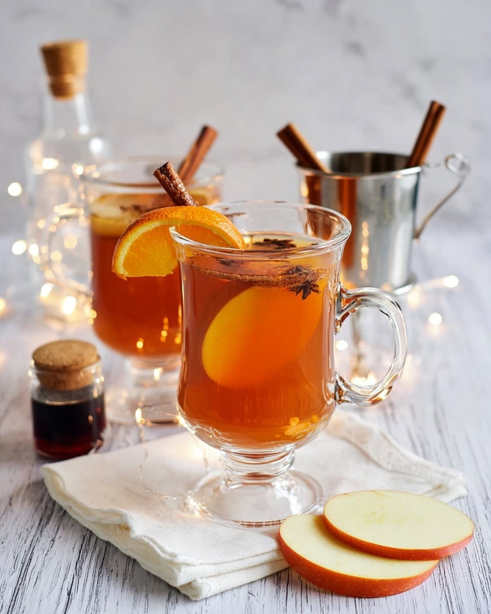 The image shows two clear glass mugs filled with a warm, amber-colored drink. Each mug has a cinnamon stick, an orange peel strip curved on the rim, and a slice of apple inside, floating near the surface. The mugs are placed on a folded white cloth on a white marbled surface. Behind the mugs, there is a silver metal cup also filled with the drink, garnished with a cinnamon stick and orange peel. To the left, there is a small glass with a dark liquid and a clear bottle with a cork top and small white fairy lights inside. On the right side, there are two thin apple slices laid flat on the white marbled surface. photo taken with an iphone --ar 4:5 --v 7