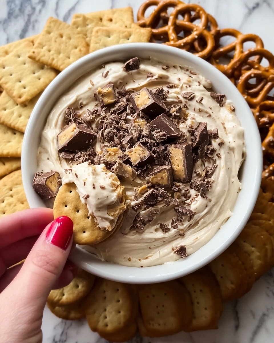 A white bowl filled with light beige creamy dip topped with chopped chocolate peanut butter pieces is surrounded by a circle of square light brown graham crackers, golden brown pretzels, and round golden cookies on a white marbled surface. A woman's hand with red polished nails is holding a graham cracker dipped in the creamy mixture with a chunk of chocolate peanut butter. The background shows part of the white marbled surface. Photo taken with an iphone --ar 4:5 --v 7