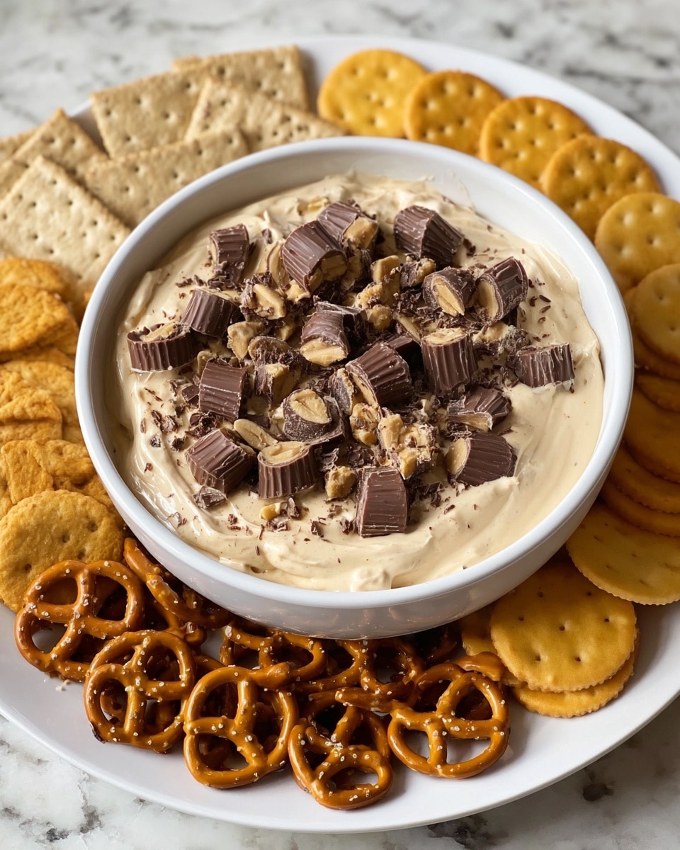 A white bowl filled with a creamy beige dip topped with many small pieces of dark brown chocolate peanut cups with visible peanut filling. The bowl sits in the center of a round white plate. Around the bowl on the plate, there are three different snacks arranged in sections: light brown square crackers on the top left, golden round cookies on the top right, and golden pretzels at the bottom. The plate rests on a white marbled surface. Photo taken with an iphone --ar 4:5 --v 7